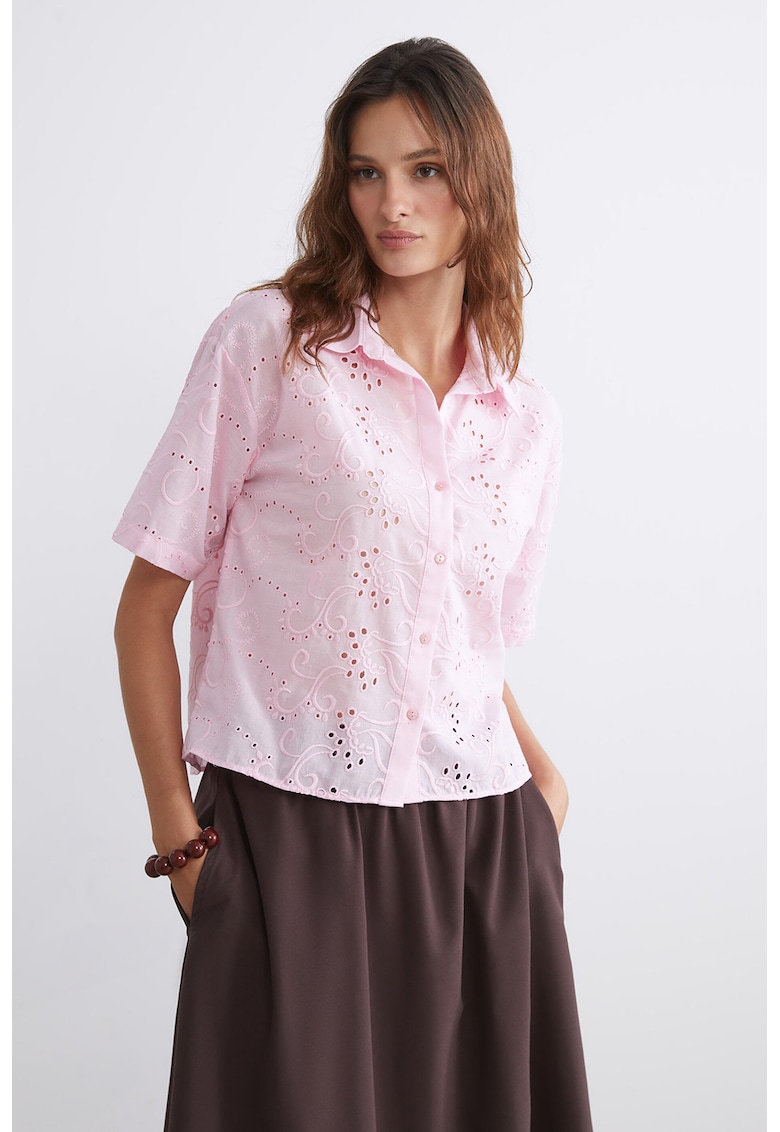 Camasa de bumbac cu broderie Sangallo - Roz