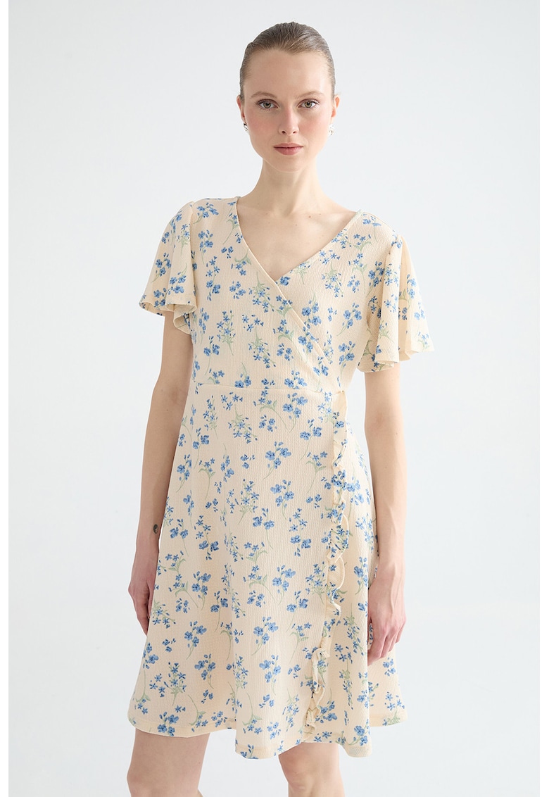 Rochie cu decolteu in V si model floral - Albastru/Bej deschis