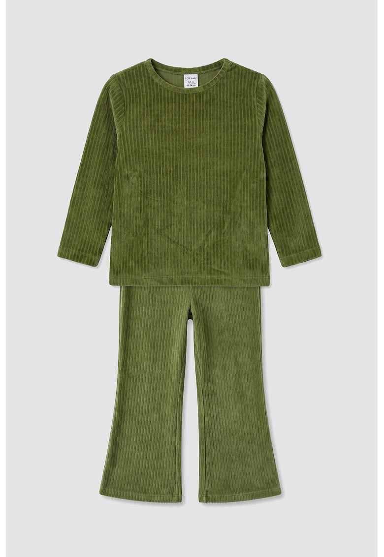 Set de pantaloni evazati si bluza striata cu aspect de catifea - 2 piese - Verde padure