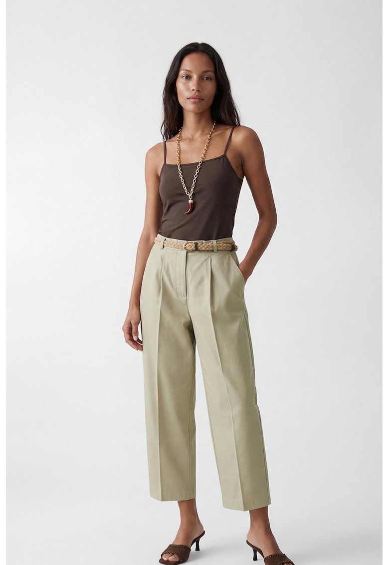 Pantaloni crop cu croiala ampla si curea cu aspect impletit in talie - Kaki deschis