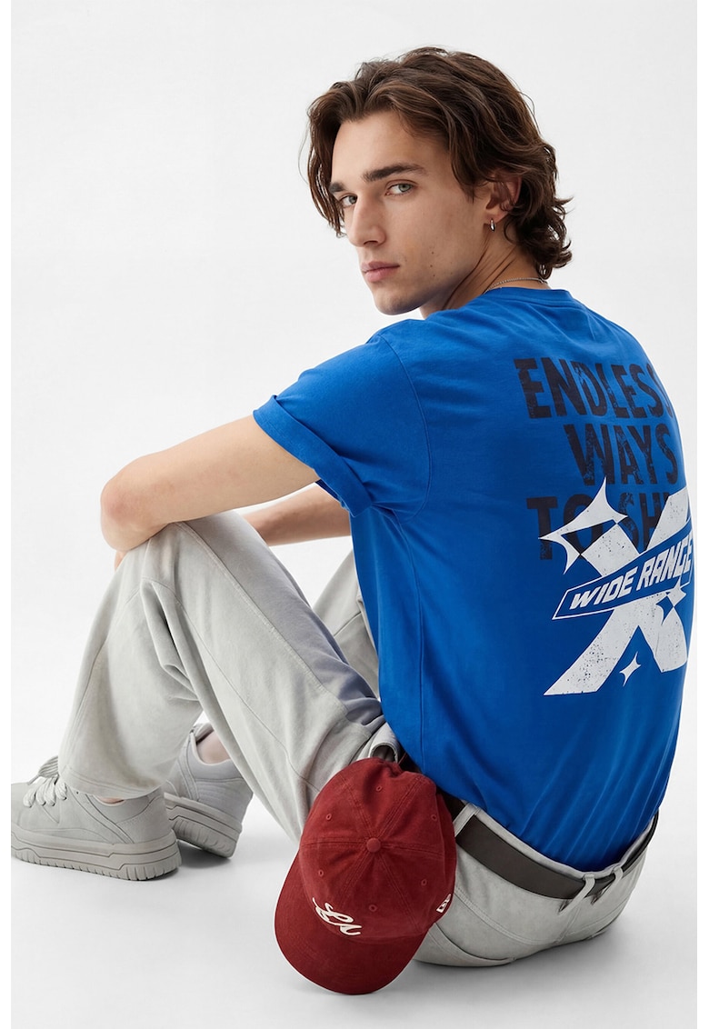 Tricou din bumbac cu imprimeu contrastant pe partea din spate - Albastru inchis