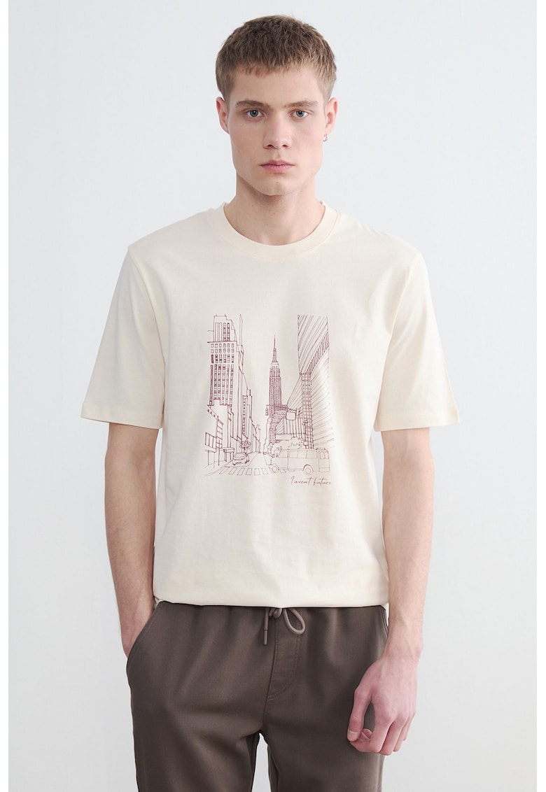 Tricou regular-fit din bumbac cu imprimeu grafic - Bej deschis