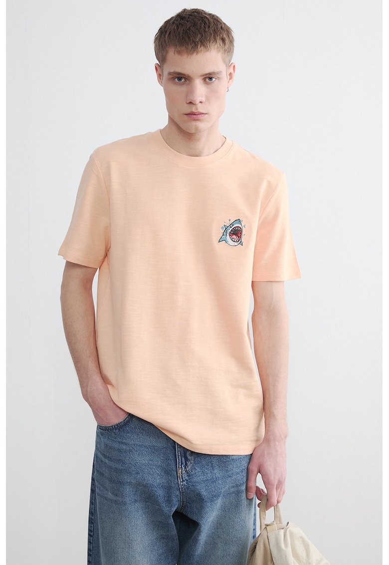 Tricou regular-fit cu detaliu brodat pe piept - Portocaliu pal