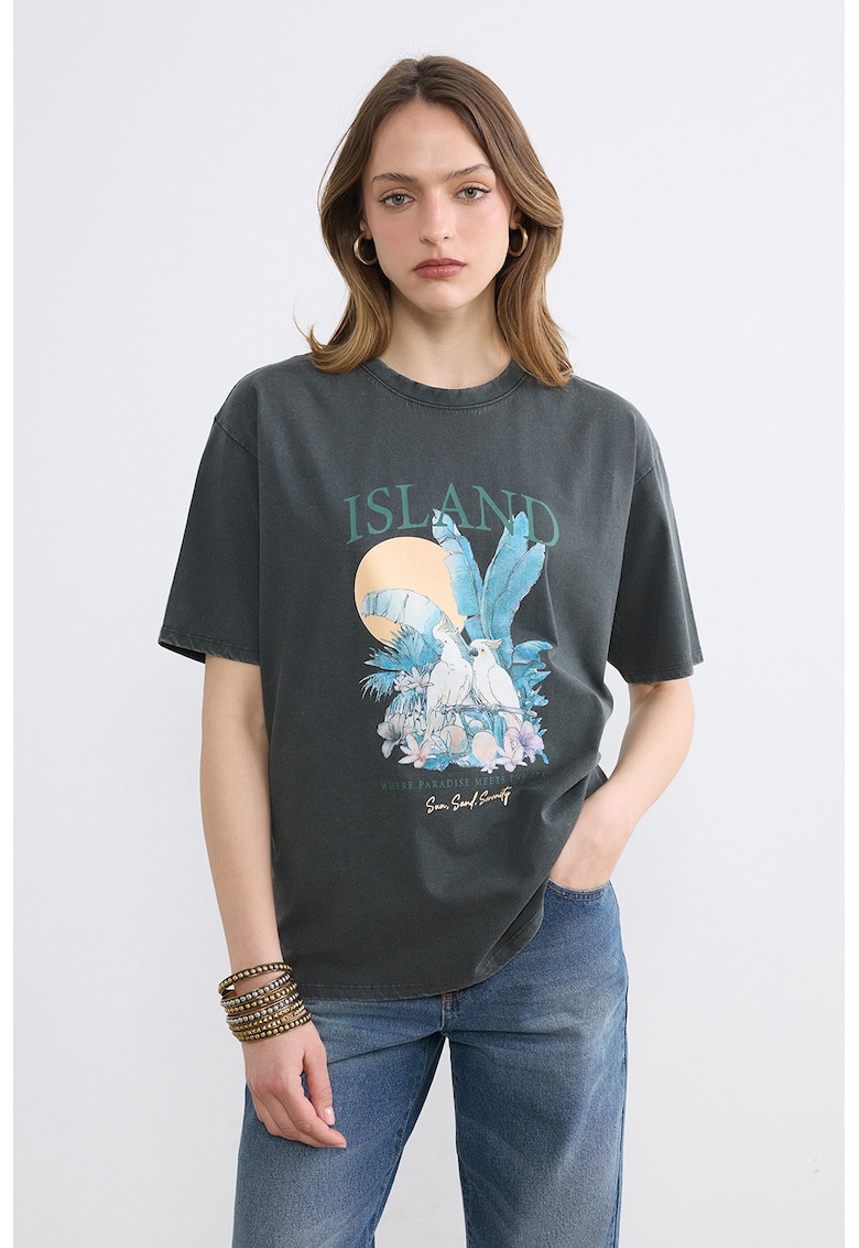 Tricou din bumbac cu imprimeu grafic si text - Portocaliu/Albastru/Gri antracit