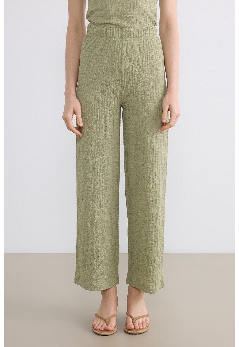 Pantaloni texturati cu croiala ampla si talie elastica - Verde stins
