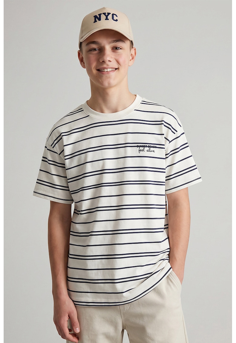 Tricou din bumbac cu dungi - Alb/Bleumarin