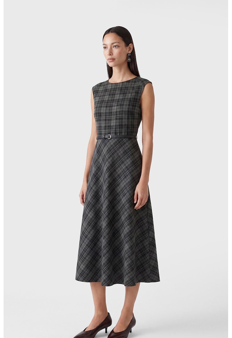 Rochie cu model in carouri - fara maneci - Negru/Gri inchis