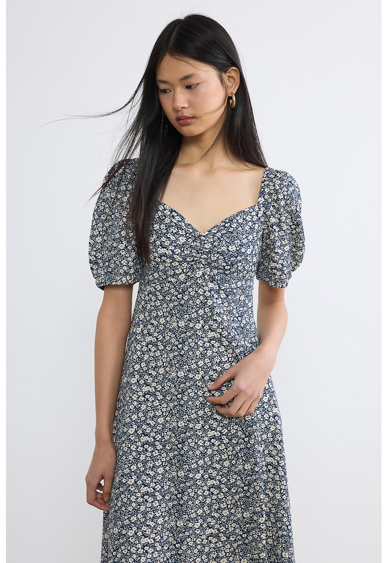 Rochie midi cu decolteu sweetheart - Alb fildes/Bleumarin