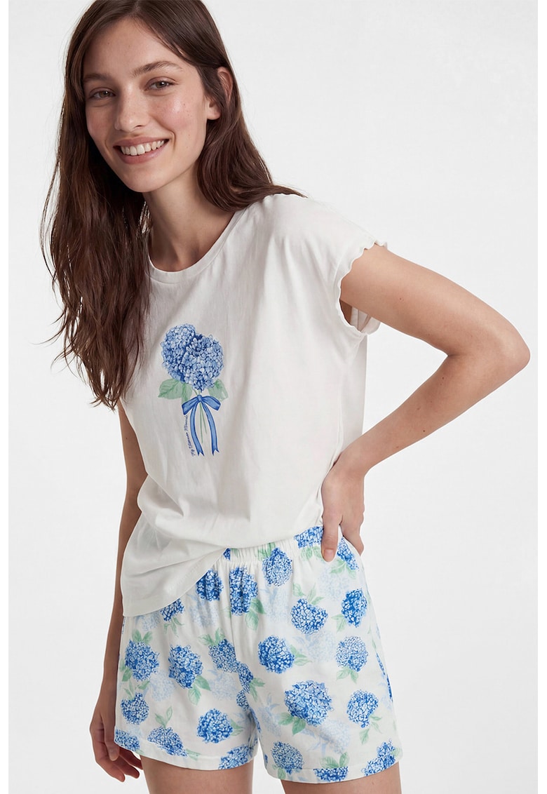 Pijama din bumbac cu maneci scurte si model floral - Alb/Verde/Albastru