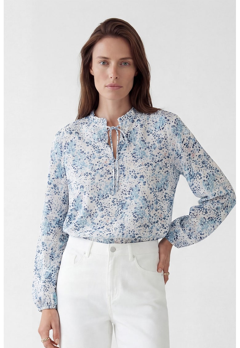 Bluza cu model si decolteu cu prindere cu snururi - Alb murdar/Albastru