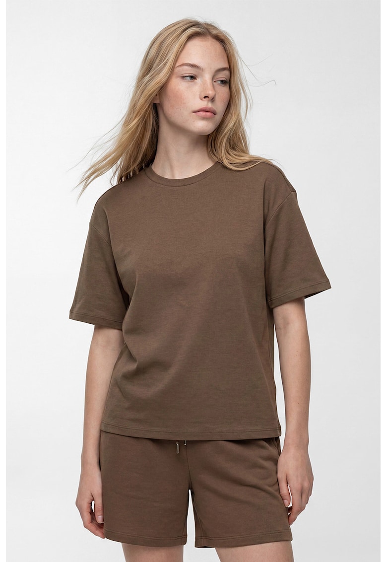 Tricou regular-fit cu maneci cazute si model uni - Maro pamantiu