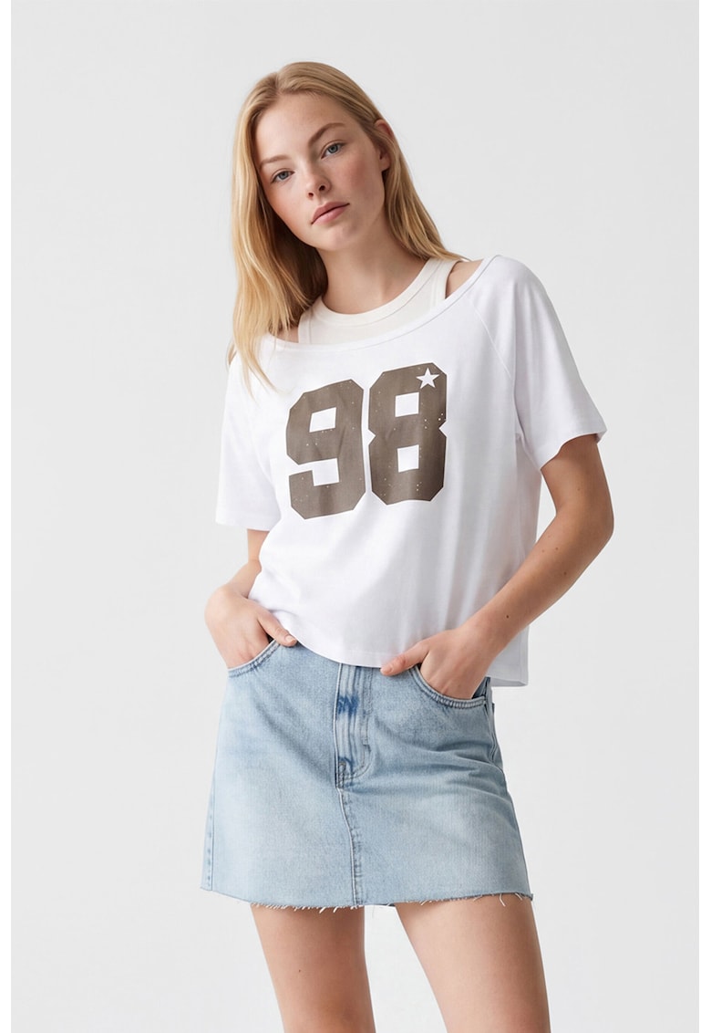 Tricou cu imprimeu text - Alb/Maro taupe