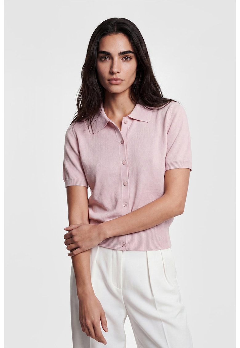 Cardigan cu maneci scurte si guler polo - Roz pal