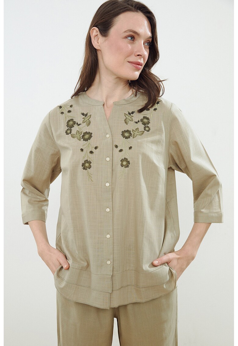 Bluza din bumbac cu broderie - Kaki deschis