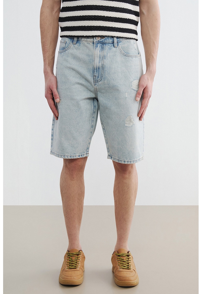 Bermude din denim cu talie medie - Albastru deschis melange