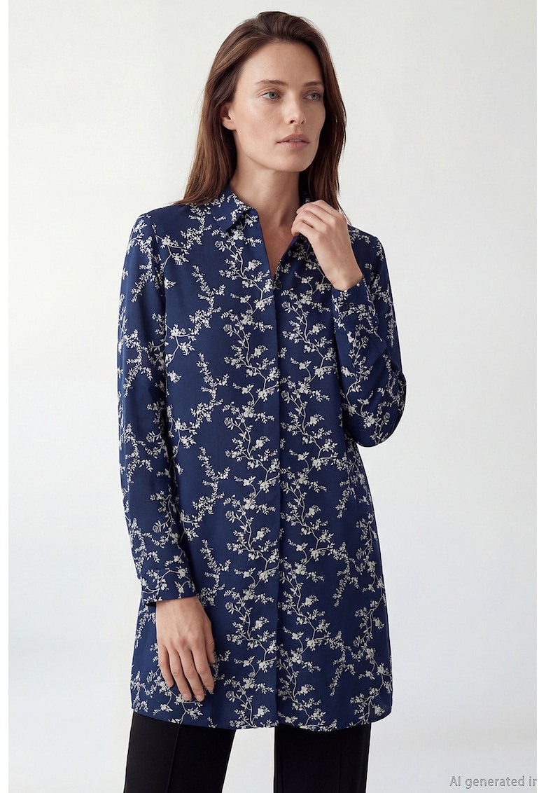 Camasa lunga cu model floral - Alb/Bleumarin
