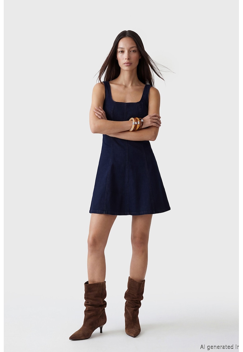 Rochie mini de denim cu decolteu patrat - Albastru ultramarin