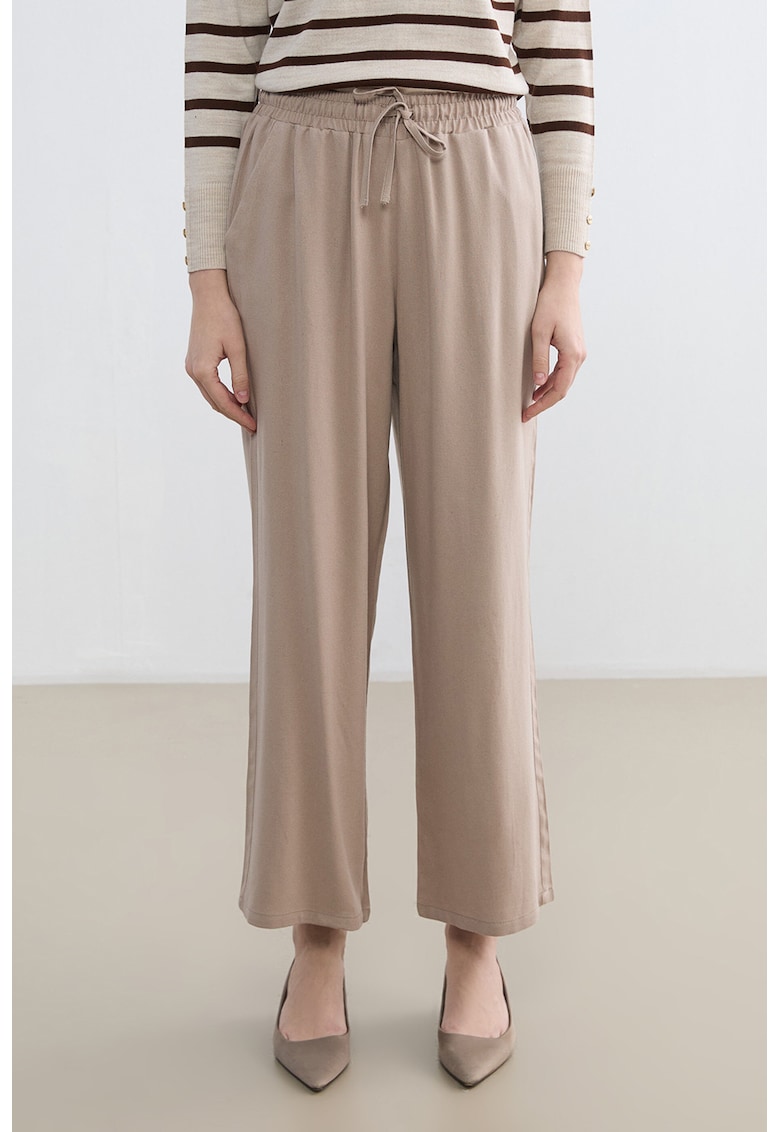 Pantaloni din amestec de in cu croiala ampla si buzunare - Maro camel