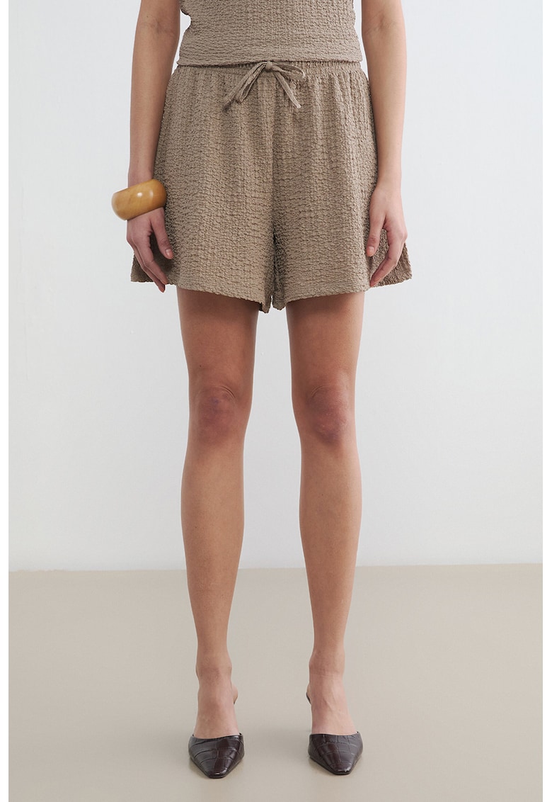 Pantaloni texturati cu talie ajustabila - Maro deschis