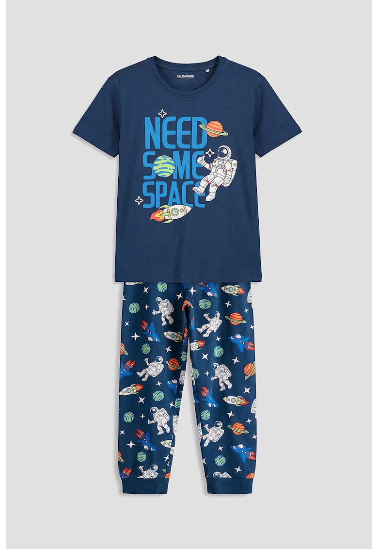 Pijama cu model si talie elastica - Alb/Albastru inchis/Portocaliu neon