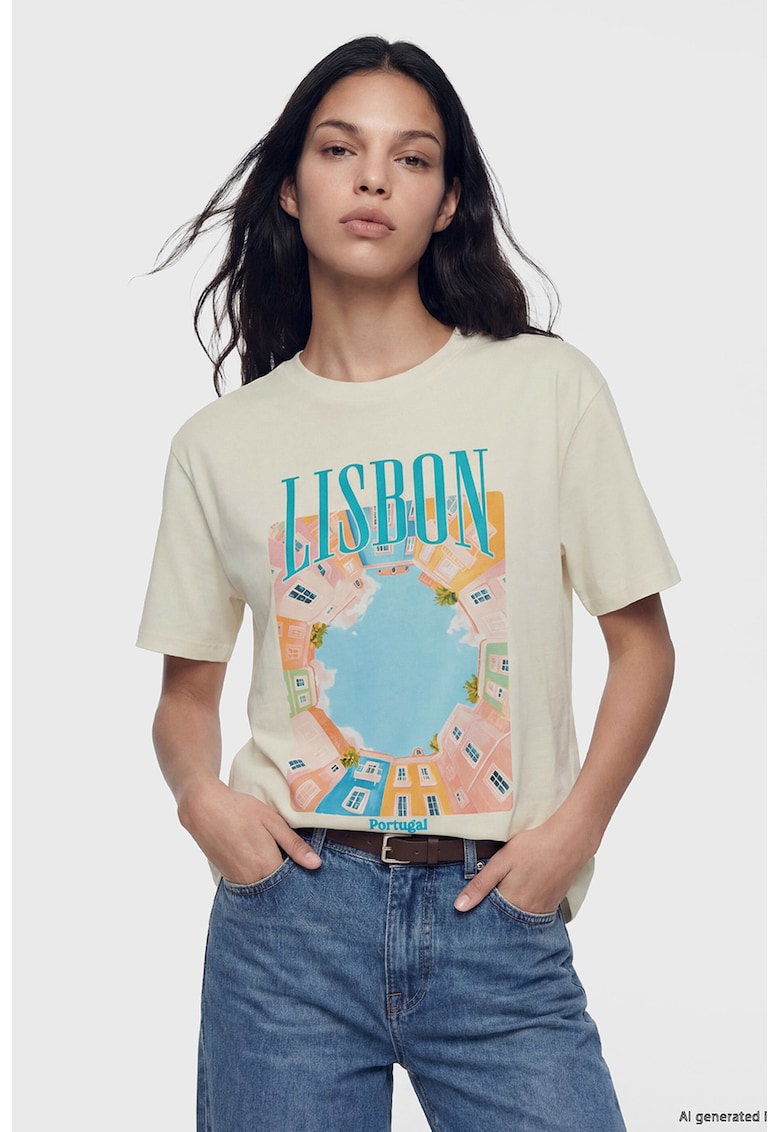 Tricou cu decolteu la baza gatului si imprimeu - Turcoaz/Bej deschis
