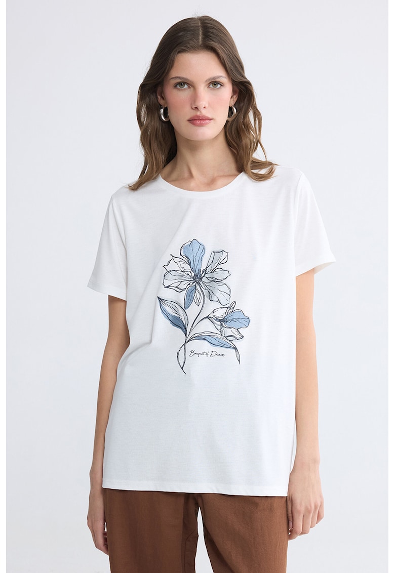 Tricou cu decolteu la baza gatului si imprimeu - Alb optic/Albastru deschis