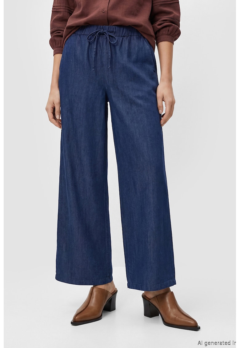 Pantaloni din chambray cu croiala ampla si snur - Albastru inchis
