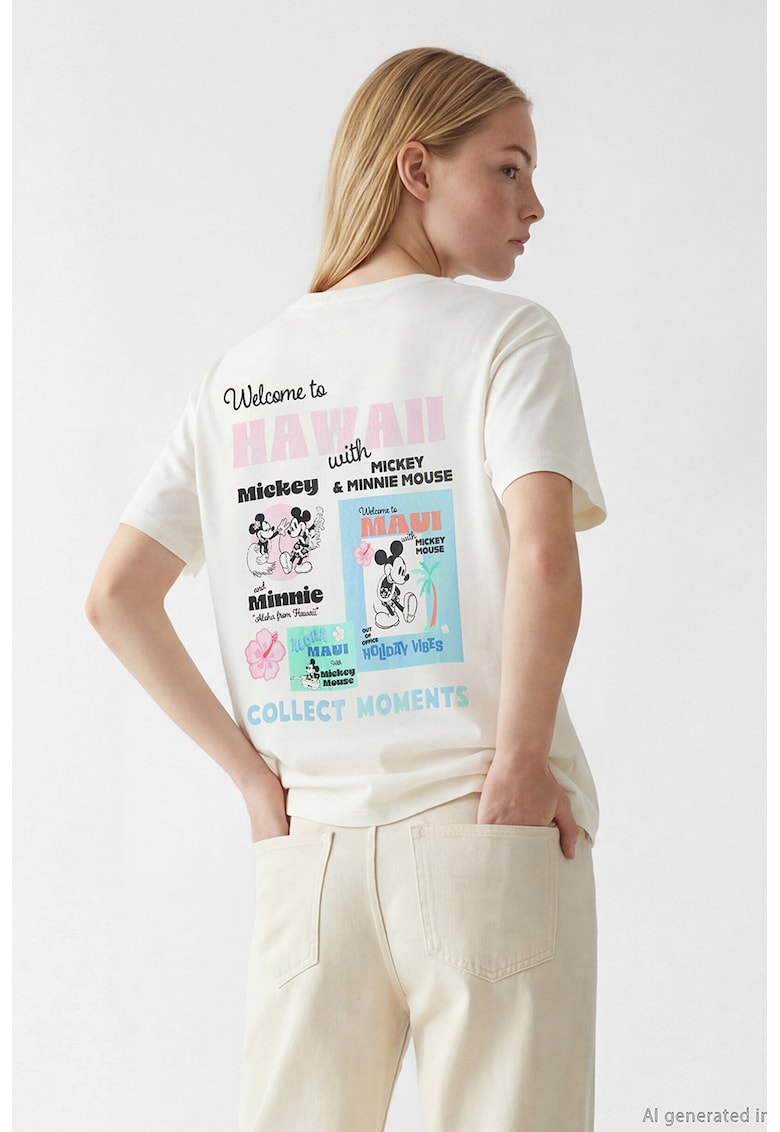 Tricou de bumbac cu Mickey & Minnie Mouse - Alb fildes/Roz deschis/Albastru deschis