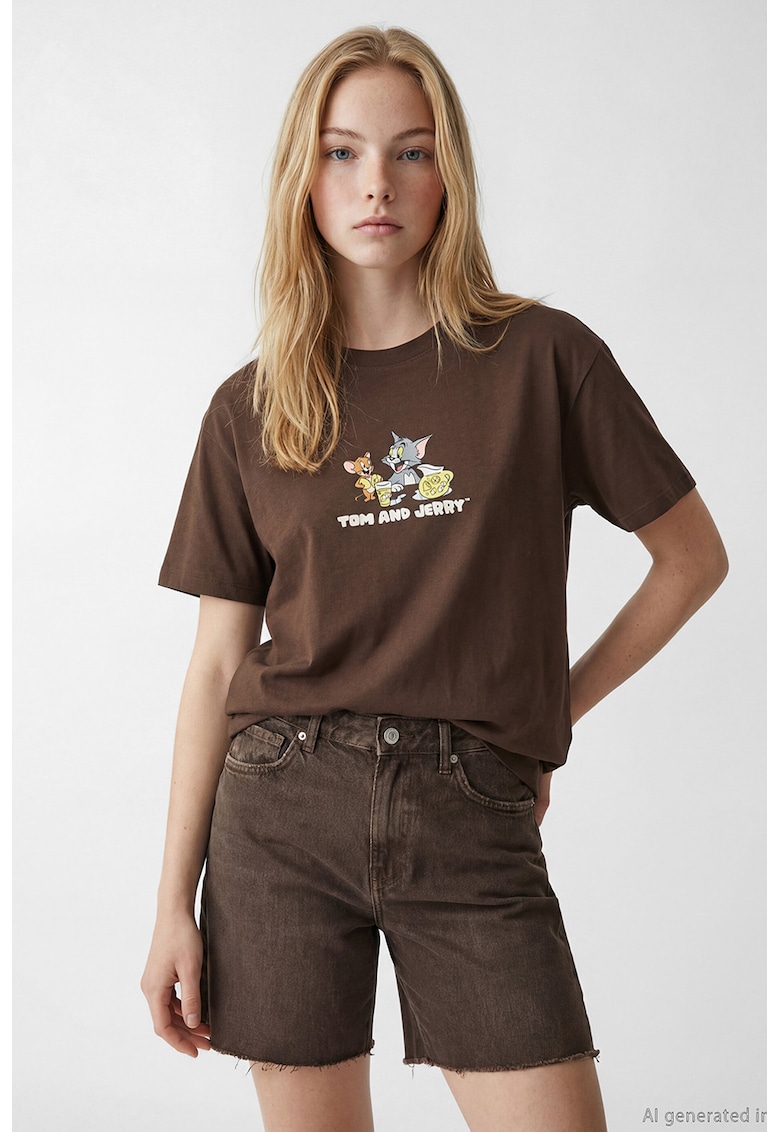 Tricou de bumbac cu Tom & Jerry - Alb/Maro cafeniu/Galben