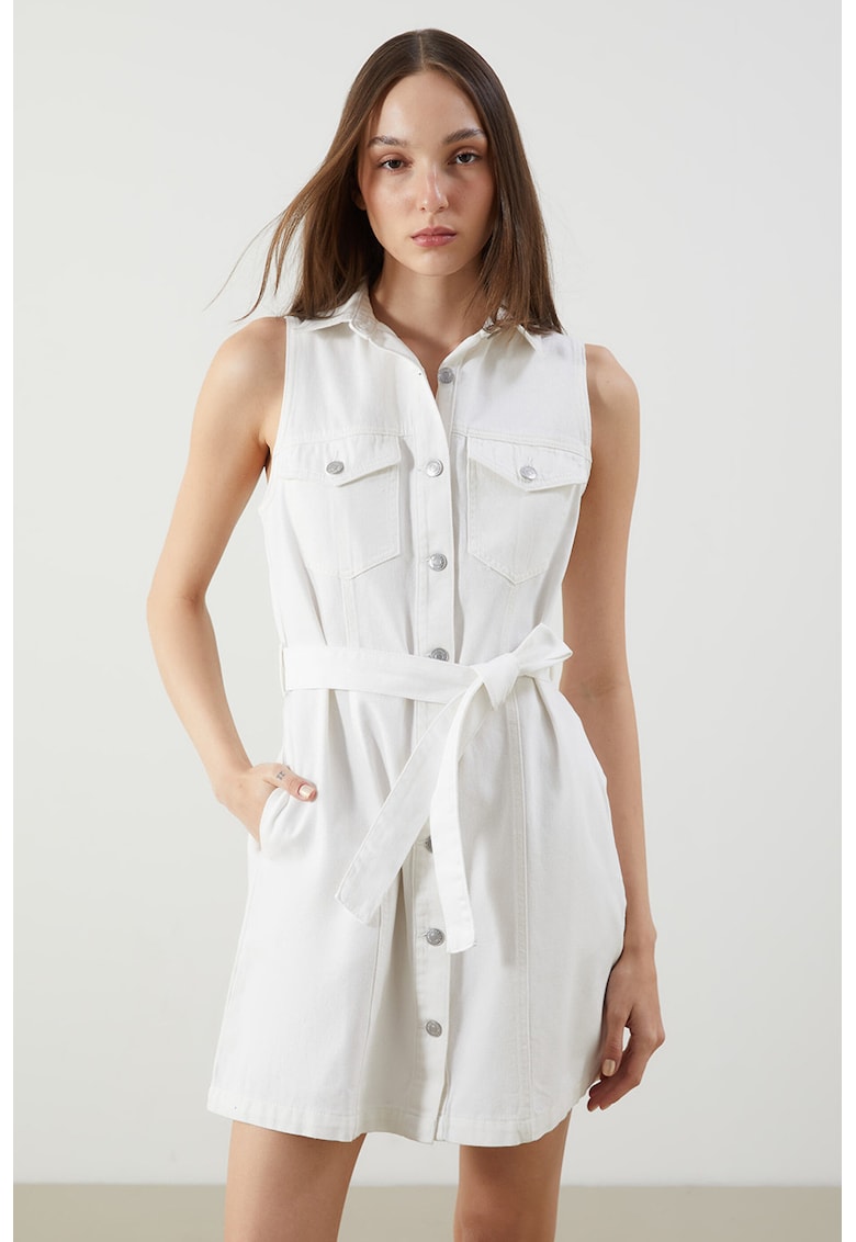 Rochie-camasa din denim cu buzunare multiple - Alb/Gri deschis
