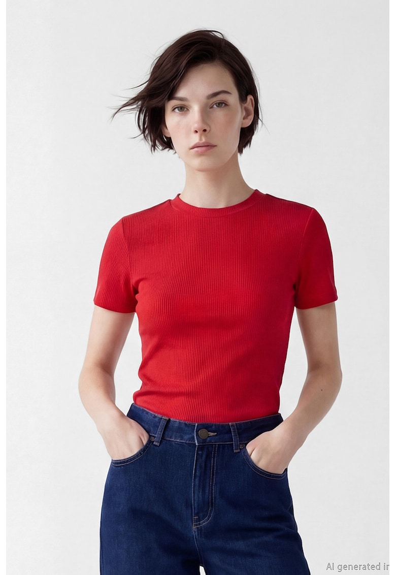 Tricou slim fit cu decolteu la baza gatului - Rosu vermillion