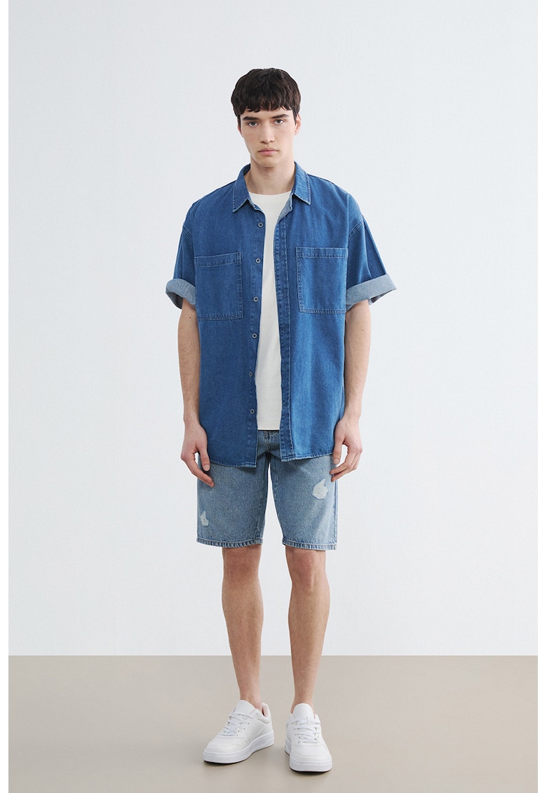 Bermude din denim cu rupturi decorative - Albastru inchis