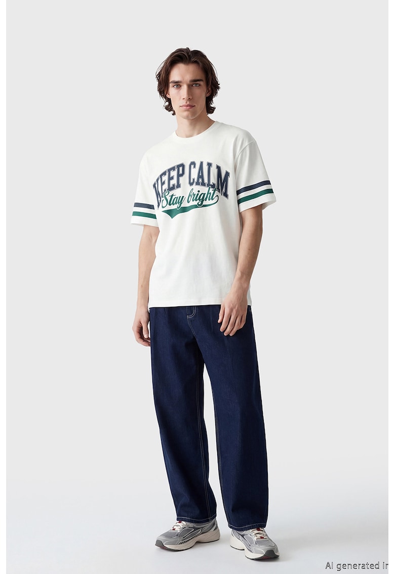 Tricou de bumbac cu imprimeu text - Alb/Verde englez/Bleumarin