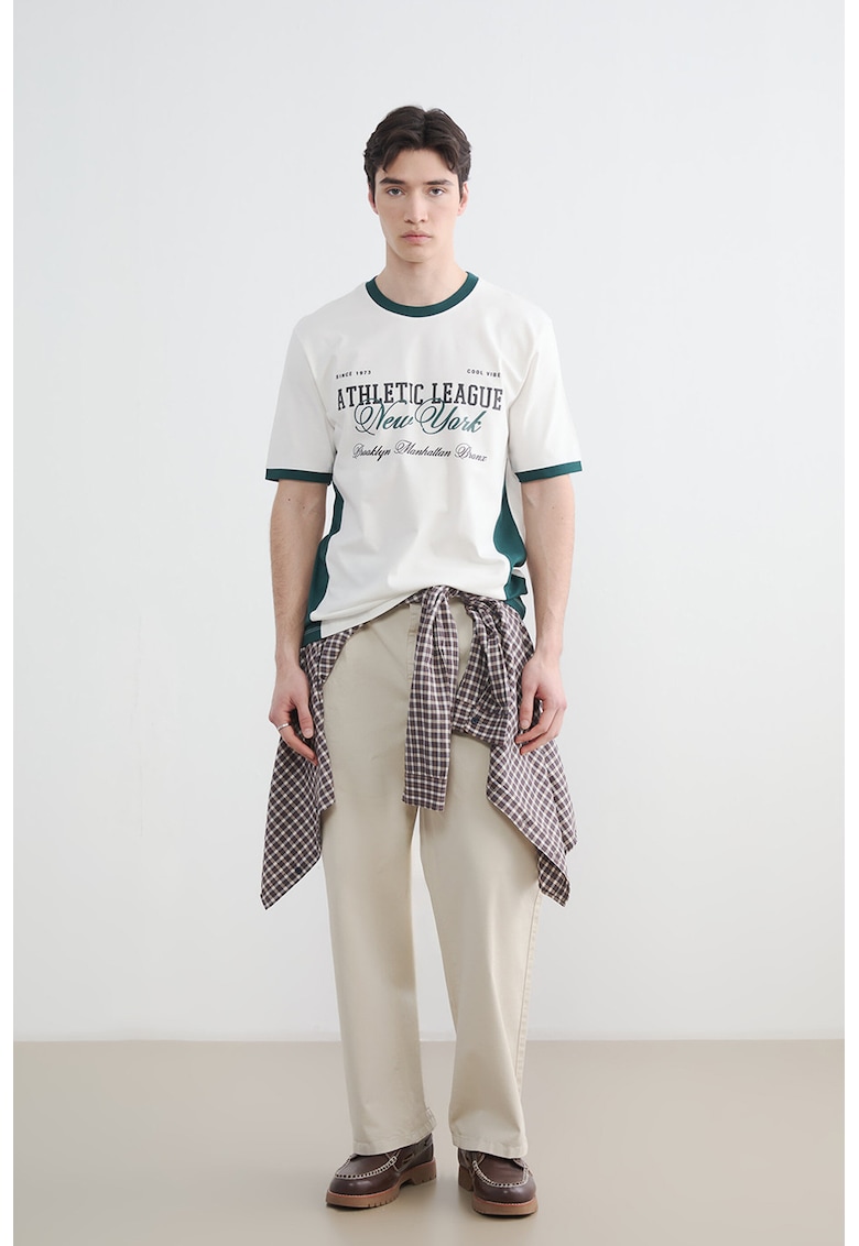 Tricou de bumbac cu imprimeu text - Verde padure/Alb optic/Gri antracit