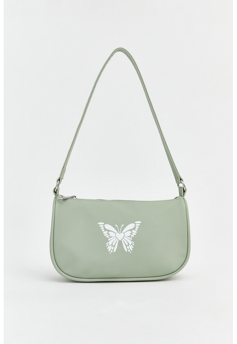 Geanta de piele ecologica cu bareta de umar si model fluture - Verde pal/Alb optic