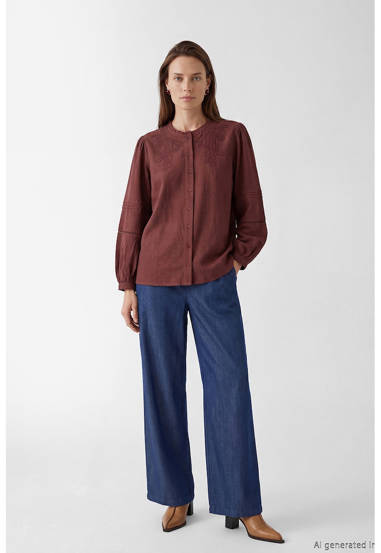 Camasa de bumbac cu broderie - Maro cognac