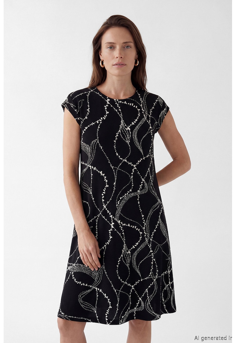 Rochie cu imprimeu si croiala in A - Alb/Negru
