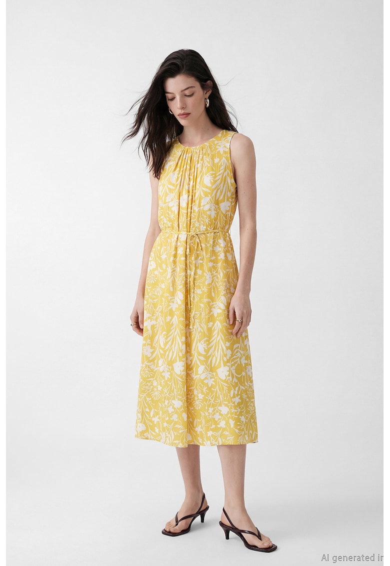 Rochie midi cu model floral - Alb/Galben sofran