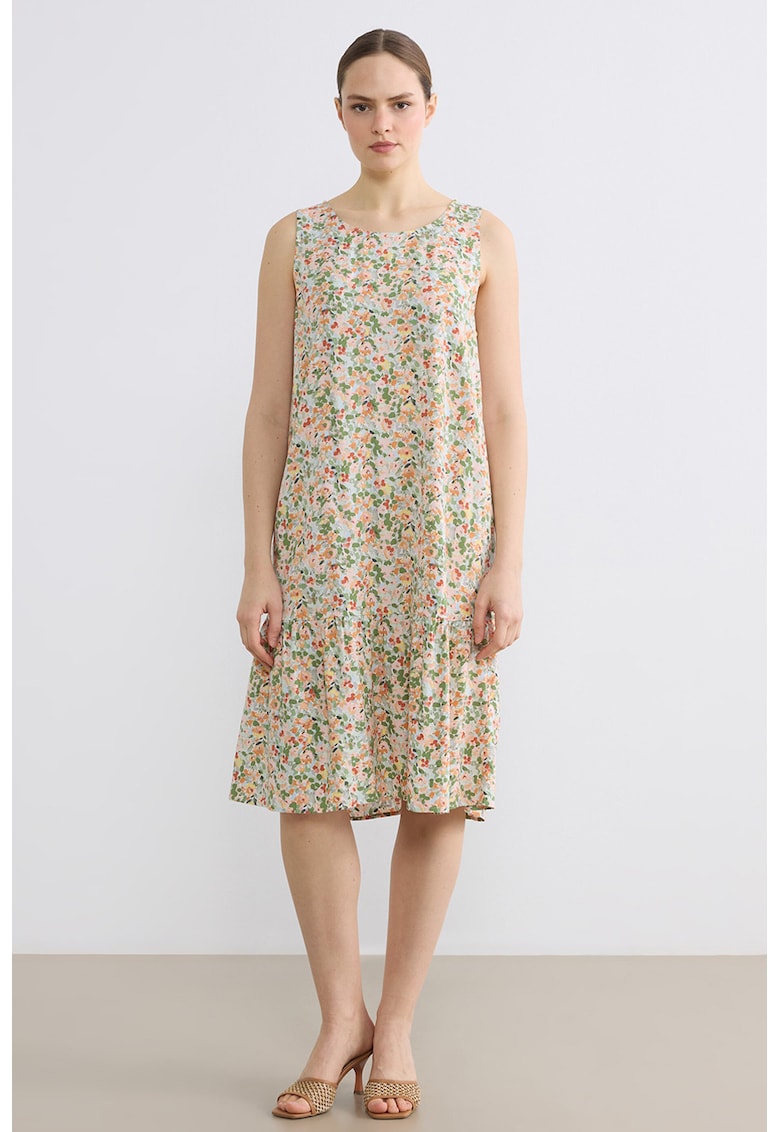 Rochie cu decolteu rotund si model floral - Rosu/Verde/Portocaliu/Alb murdar