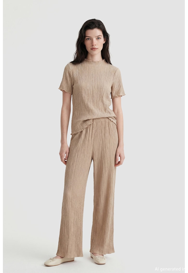 Pantaloni texturati cu talie elastica - Maro nisip