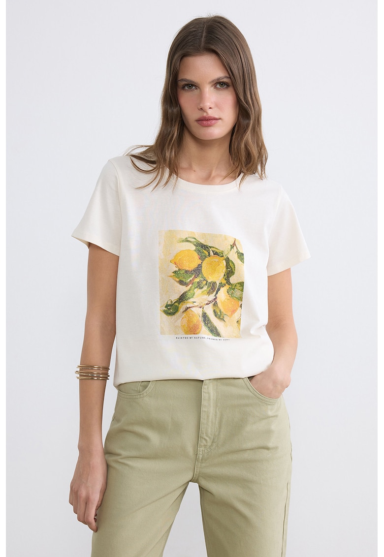 Tricou cu decolteu la baza gatului si imprimeu grafic - Alb/Alb fildes/Galben sofran/Verde feriga