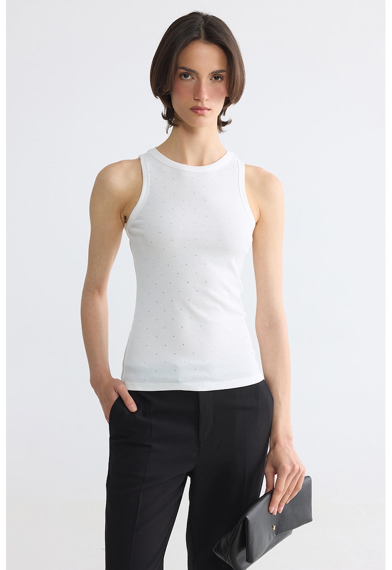 Top slim-fit cu aplicatii din strasuri - Alb/Argintiu