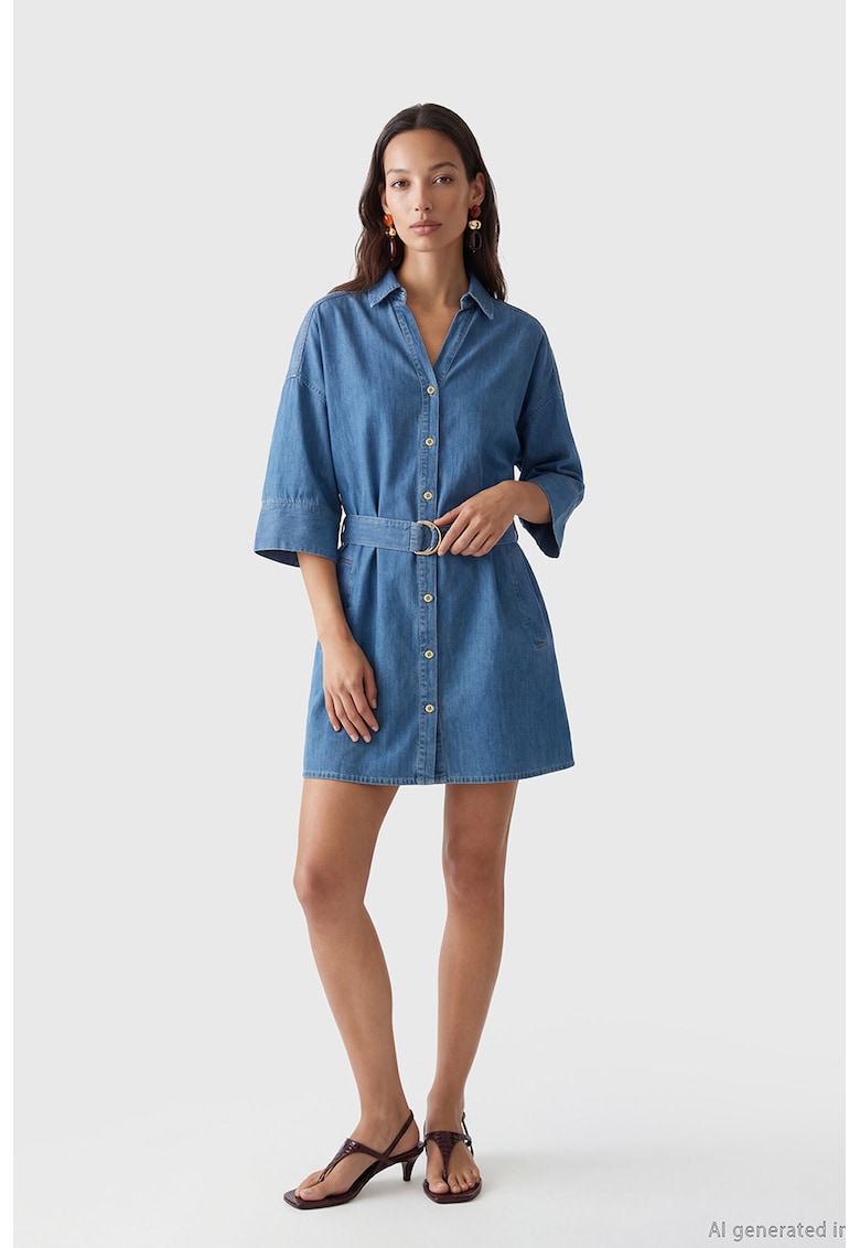 Rochie-camasa din denim cu o curea - Albastru inchis