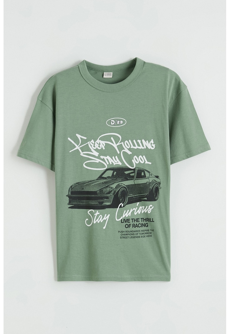 Tricou de bumbac cu imprimeu text si grafic - Alb/Verde turcoaz