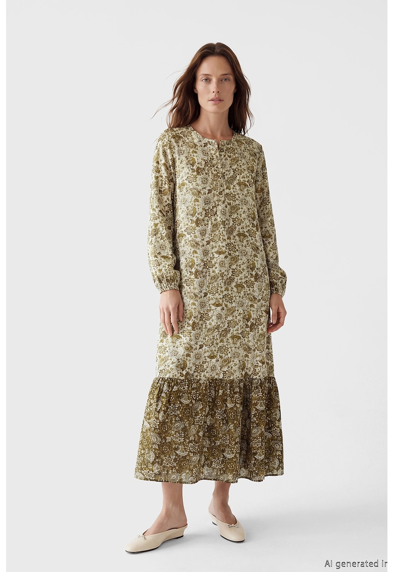 Rochie evazata cu model - Verde masliniu/Masliniu deschis