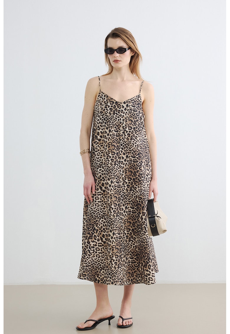 Rochie midi cu animal print - Negru/Maro deschis/Maro camel
