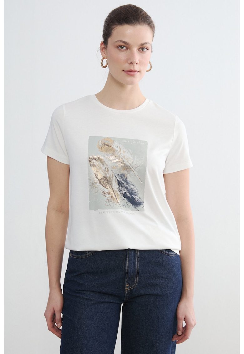Tricou cu decolteu la baza gatului si imprimeu - Gri deschis - Maro deschis - Alb optic - Bleumarin -