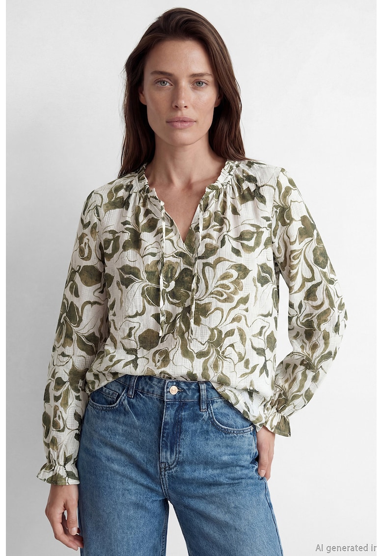 Bluza cu model si mansete elastice - Alb fildes/Kaki/Verde sparanghel