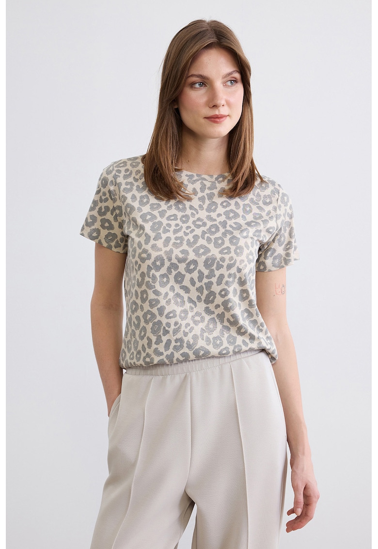 Tricou din bumbac cu animal print - Maro taupe deschis/Bleumarin