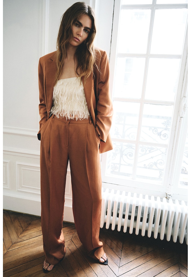 Pantaloni drepti din amestec de in - Caramel